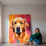Amy M. A happy client next to her custom pet memorial abstract style