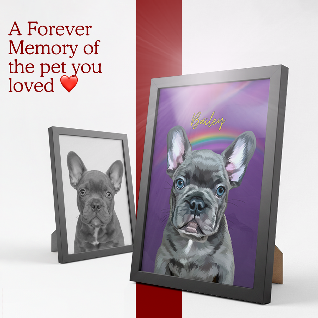 Framed pet portrait with a rainbow background and text 'A Forever Memory of the pet you loved' on a red and white background.