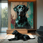 Black dog sitting on the floor in front of a large painting of a black dog in a living room.