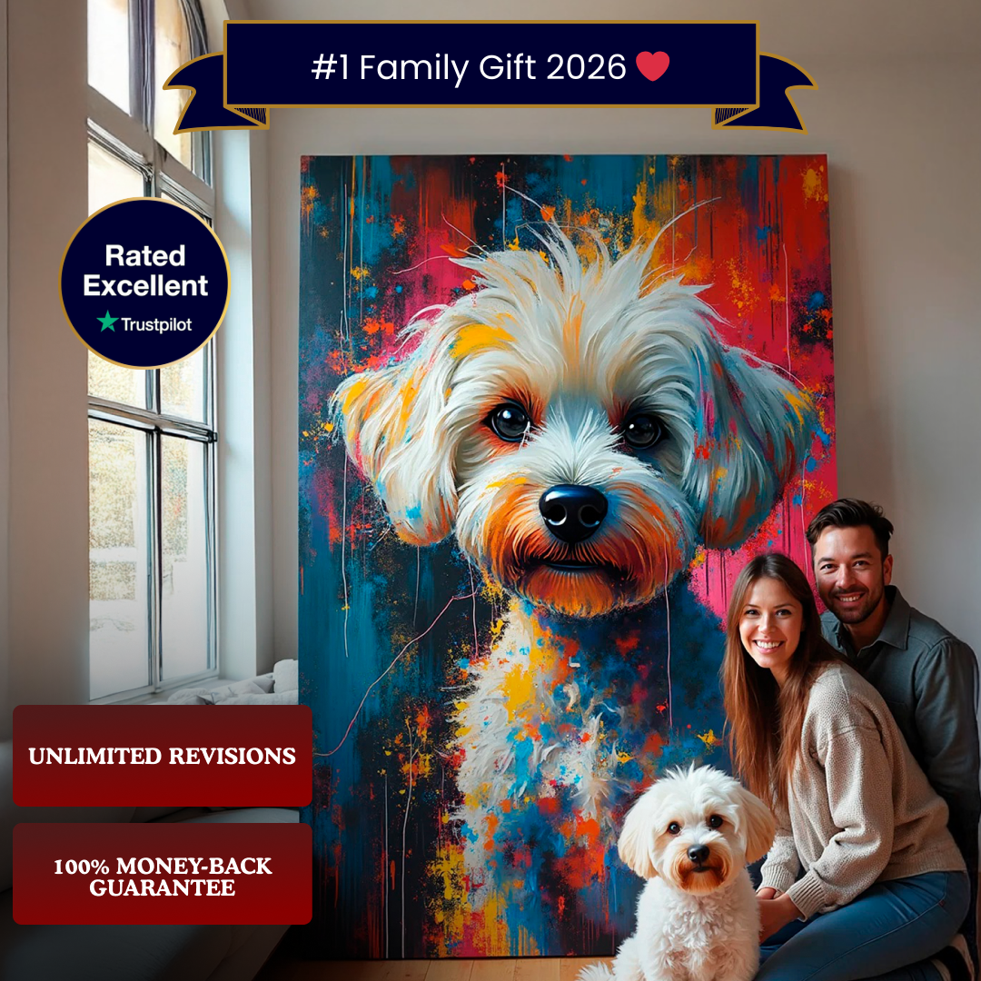 Couple with a small dog in front of a colorful painting of a dog, with promotional text overlay.