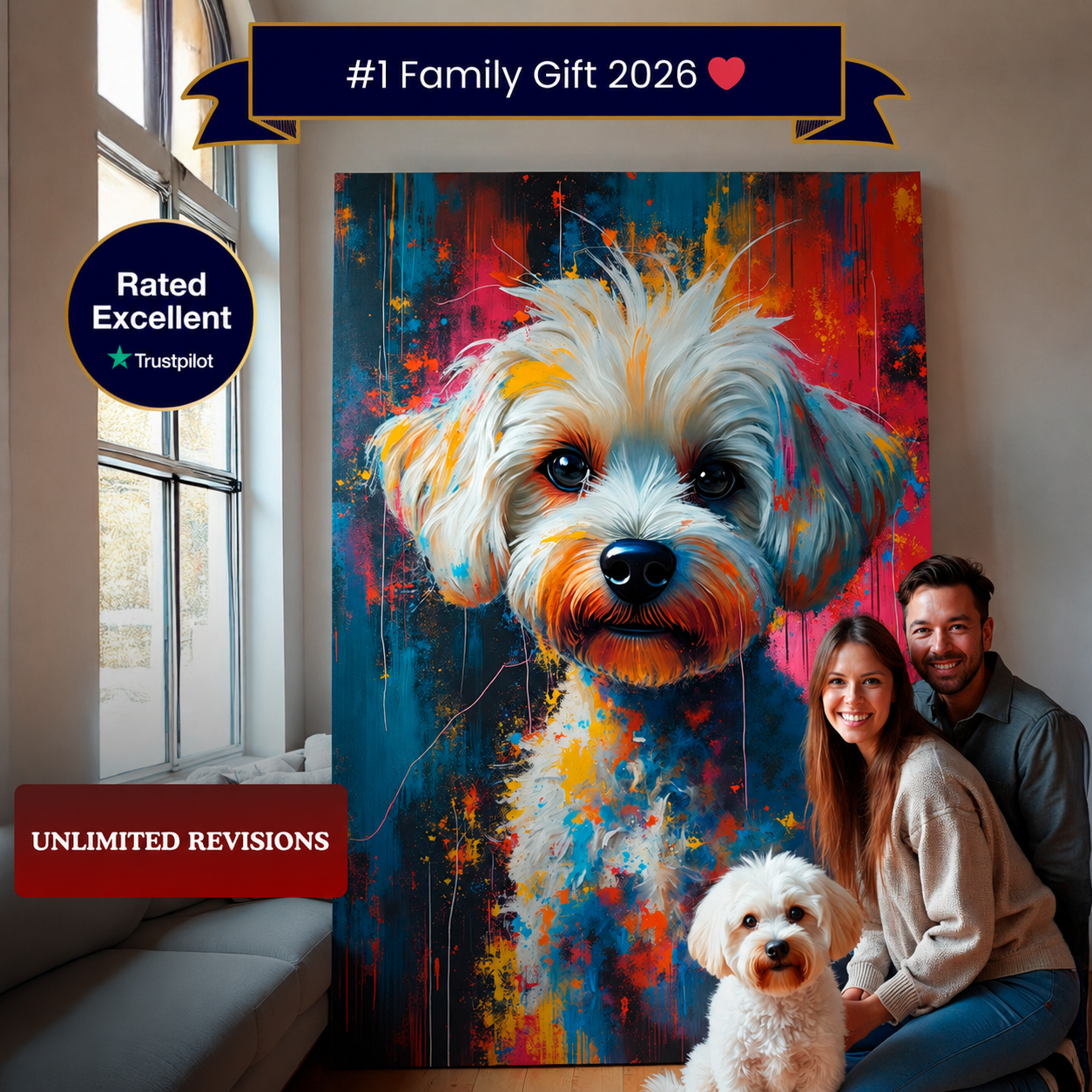 A large colorful canvas painting of a dog's face is displayed in a living room setting, with a man and woman kneeling beside it and a small white dog in front. The artwork features a multicolor abstract background with blue, red, orange, yellow, and white tones.