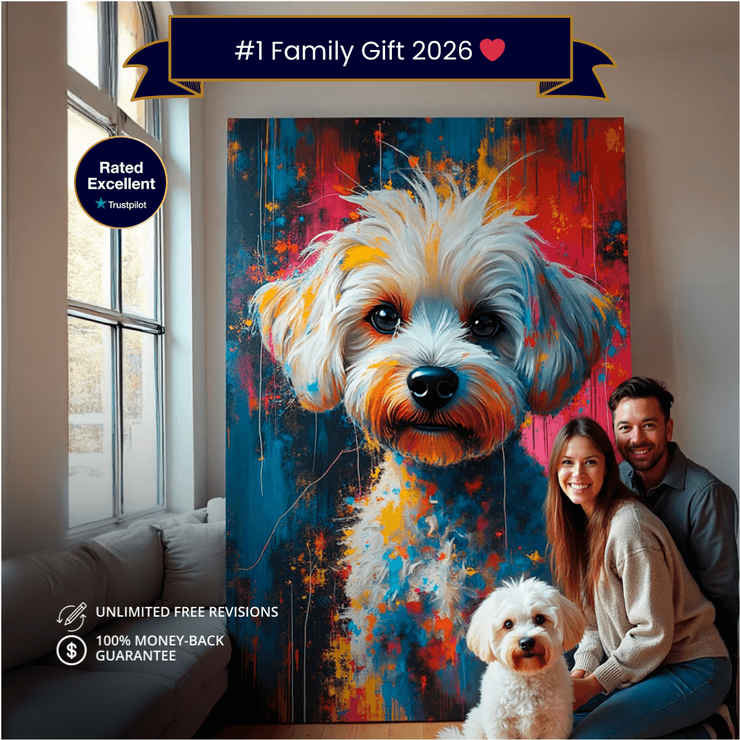Couple with a dog in front of a colorful dog painting, with text about a family gift and rating.
