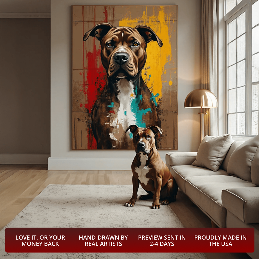 Dog sitting on a rug in a living room with a large painting of a dog on the wall.