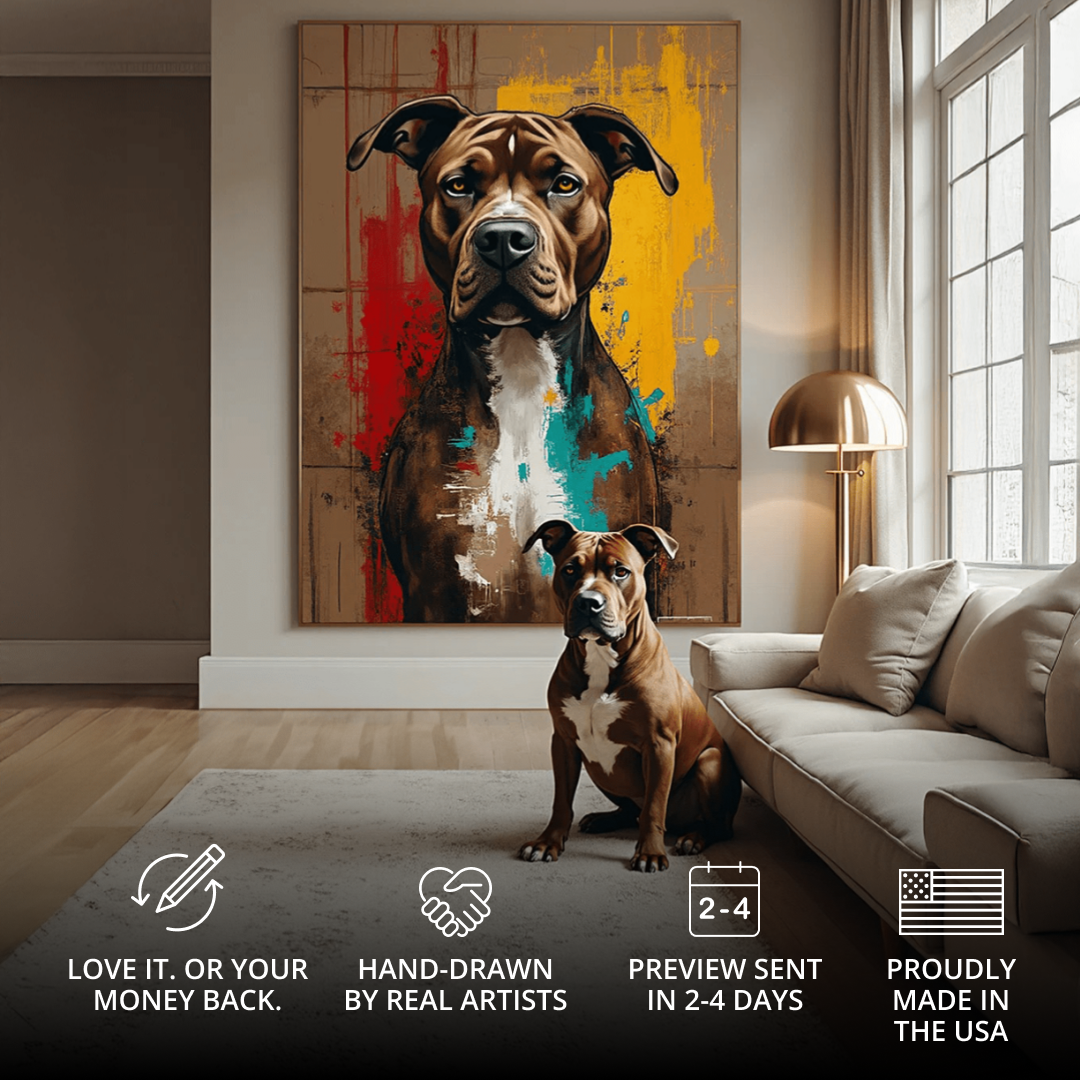 Dog sitting in a living room with a large painting of a dog on the wall.