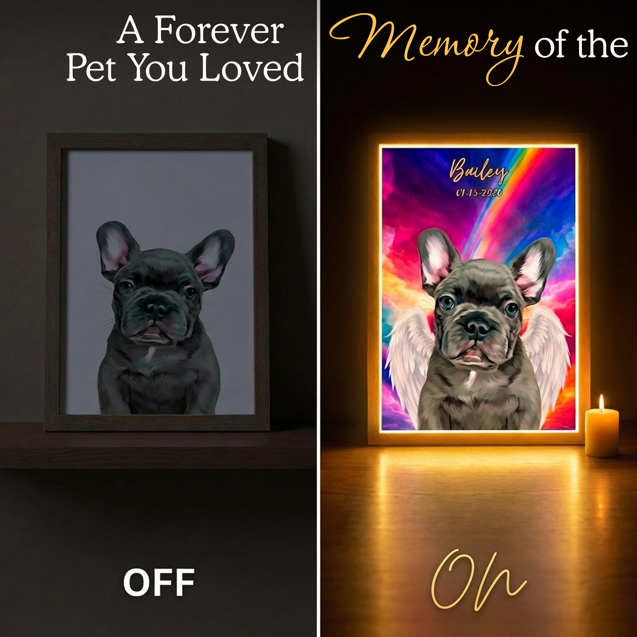 Framed portrait of a dog with 'A Forever Pet You Loved' text on a dark background, and a colorful memorial with 'Memory of the' text on a wooden surface.