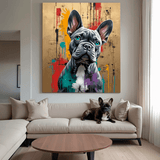 Painting of a dog on a wall above a sofa with a real dog sitting on it.