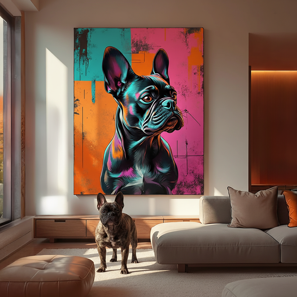 Living room with a colorful painting of a dog on the wall and a real dog standing below it.