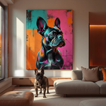Living room with a colorful painting of a dog on the wall and a real dog standing below it.