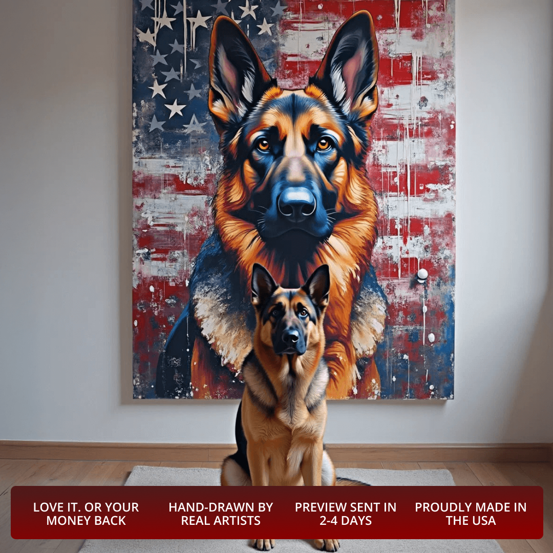 Two German Shepherds in front of a painting of an American flag, with promotional text at the bottom.