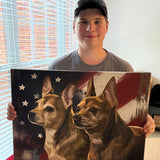 Person holding a painting of two dogs with an American flag background