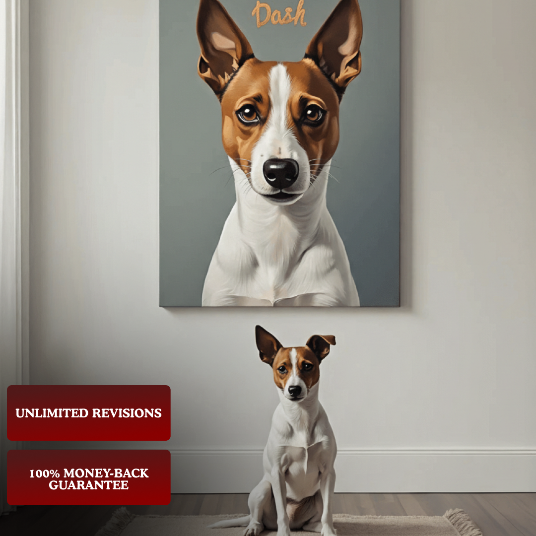 Dog sitting below a portrait of itself on a wall with promotional text below.
