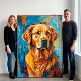 Two people holding a large painting of a golden retriever with a colorful abstract background.