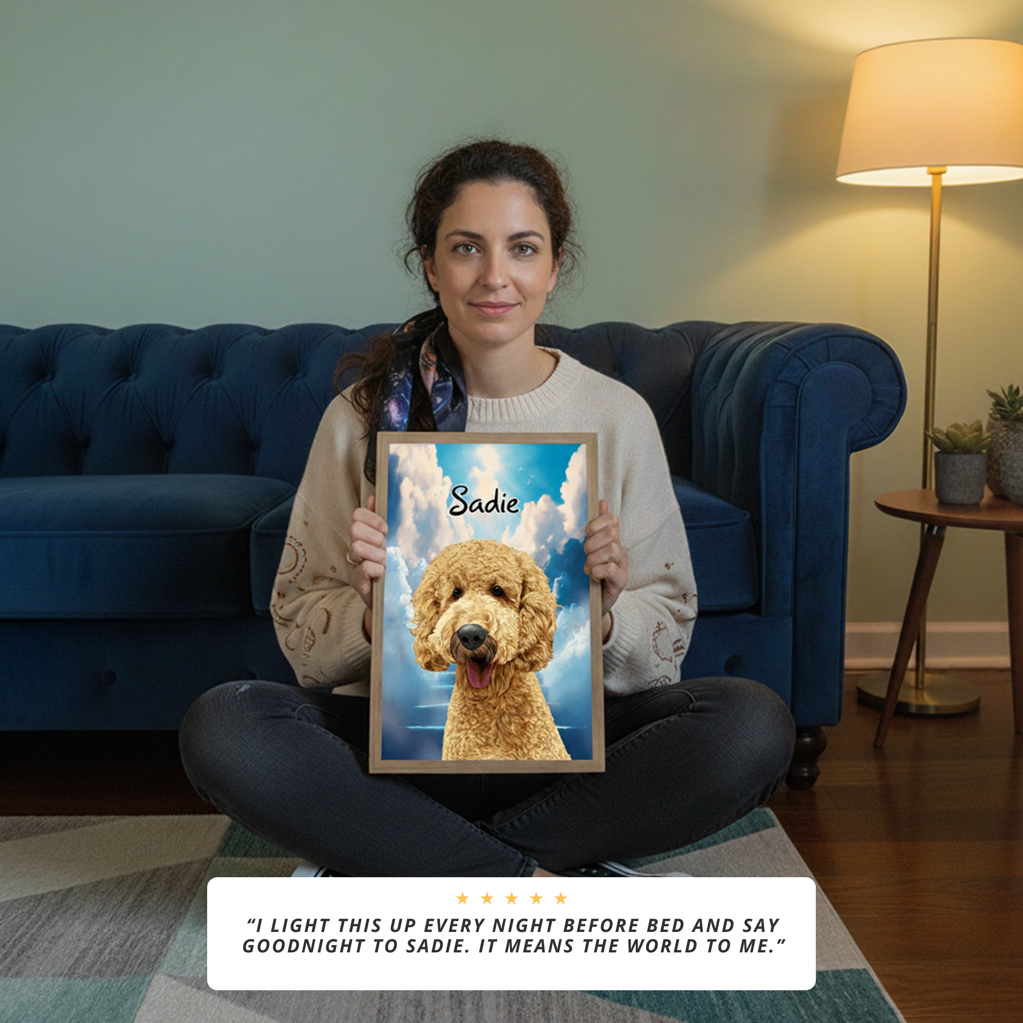 Woman holding a framed picture of a dog named Sadie in a living room.