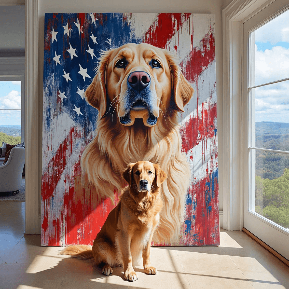 Two golden retrievers in front of a painting with an American flag design.