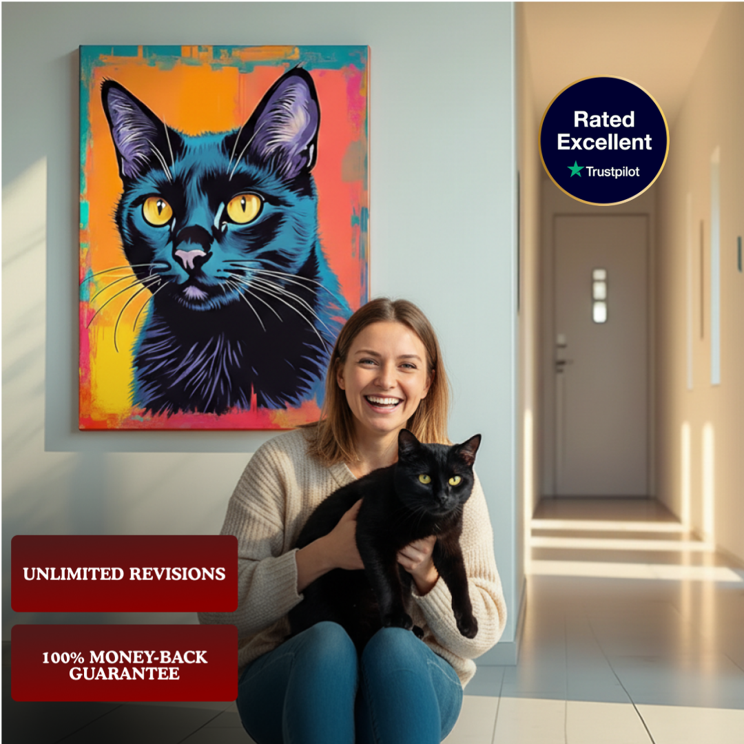 Woman holding a black cat in a room with a colorful cat painting on the wall.