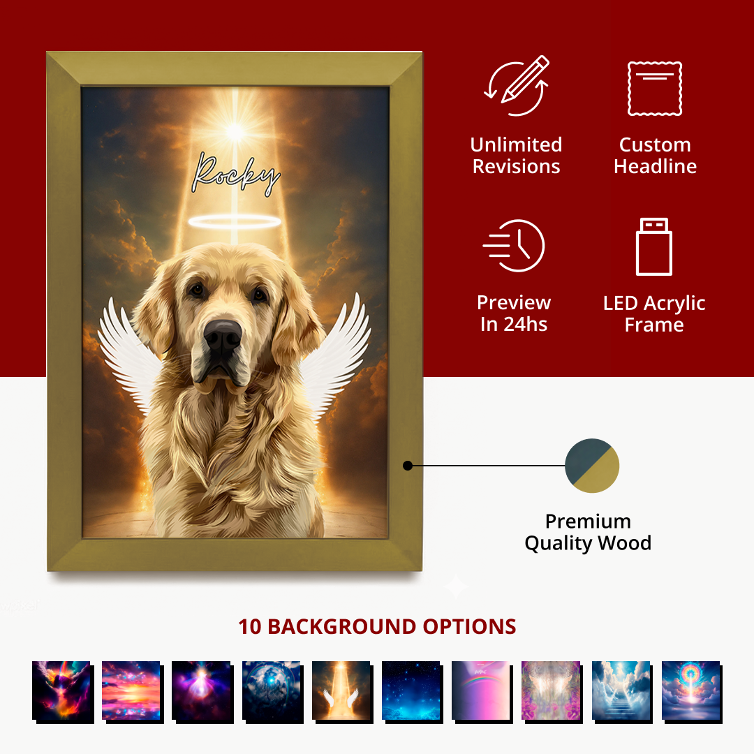 Framed portrait of a dog with angel wings and a halo, featuring customization options on a red background.