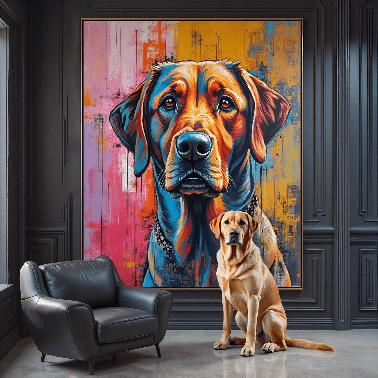 Real dog sitting next to a large colorful painting of a dog in a room with black walls and a black armchair.