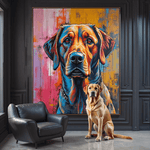 Real dog sitting next to a large colorful painting of a dog in a room with black walls and a black armchair.