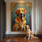 Real dog sitting next to a large framed painting of another dog in a room with wooden flooring and white walls.