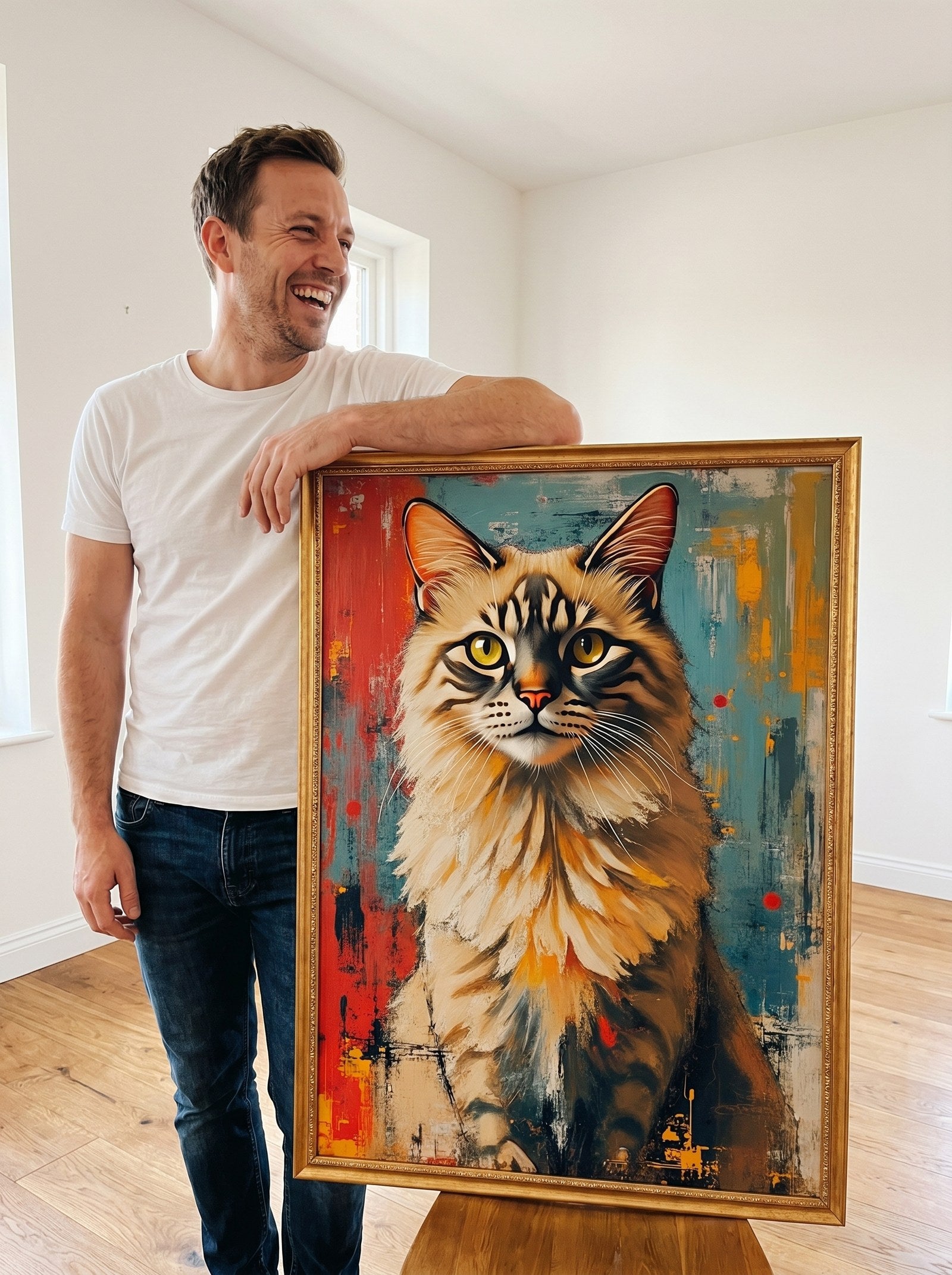 Daniel laughing holding the gold-framed Bondel canvas of his cat